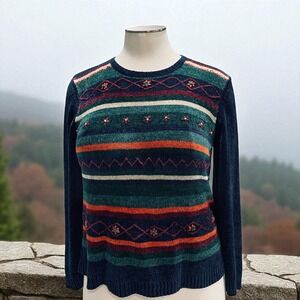 Alfred Dunner Vintage Chenille Sweater Colorful‎ Striped Floral Embroidered Boho